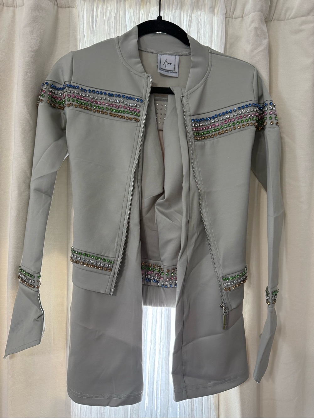 Aria Light Gray Bomber Jacket with Multicolor Rhinestones